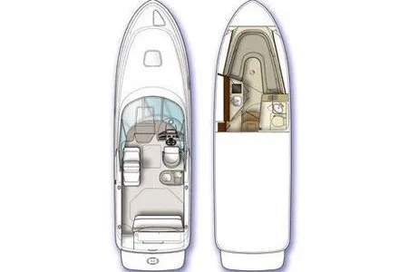 Slide: The Image of 2005 Sea Ray 270 Amberjack boat layout, featuring cockpit and cabin design. - 11