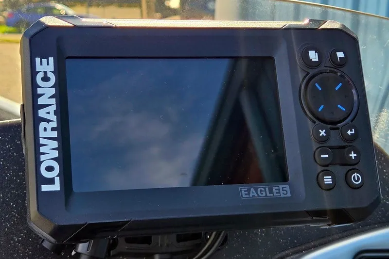 Slide: The Image of Lowrance Eagle 5 fish finder on 2027 Tracker Pro Team 175 Crappie Edition boat. - 22
