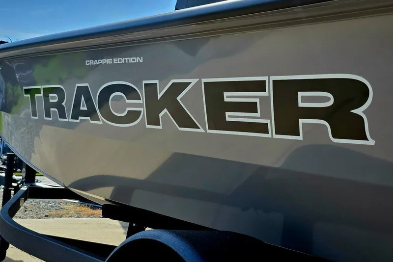 Slide: The Image of 2027 Tracker Pro Team 175 Crappie Edition boat with bold logo on the side. - 35