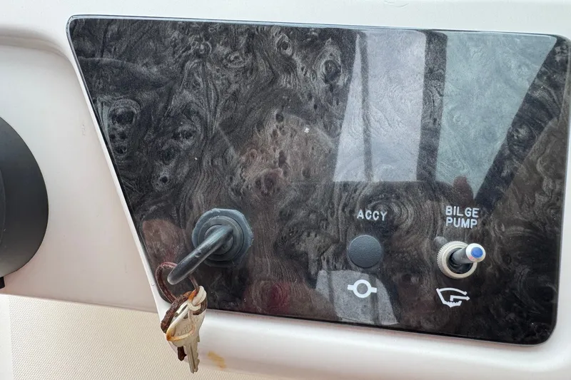 Slide: The Image of Control panel of a 2019 Sea Ray SPX 190 Outboard with ignition and bilge pump switch. - 12