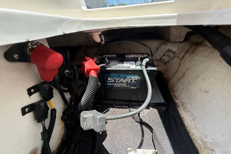 Slide: The Image of Battery compartment of a 2019 Sea Ray SPX 190 Outboard boat, featuring marine wiring. - 42