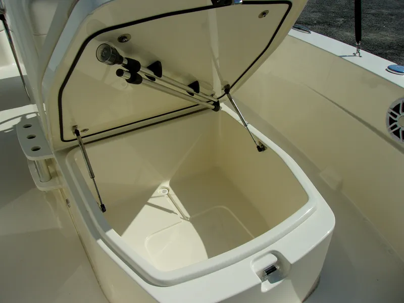 Slide: The Image of An open storage compartment on a Scout 188 Sportfish boat, featuring hydraulic supports. - 6