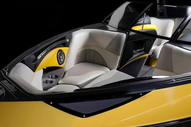 Slide: The Image of Manufacturer Provided Image: 2013 Malibu Wakesetter 23 LSV interior with yellow and gray seating. - 21