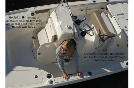Slide: The Image of A woman stands on a white boat with beige seating. There is storage for fishing rods. - 10