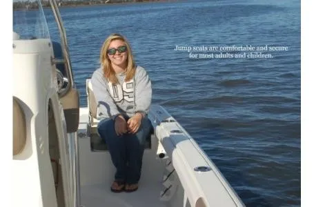 Slide: The Image of A woman sits on a boat seat, surrounded by water. Text describes the comfort of the seats. - 12