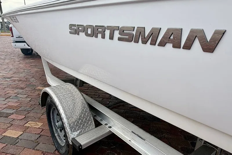 Slide: The Image of 2016 Sportsman Island Bay 20 boat on trailer, close-up view. - 15