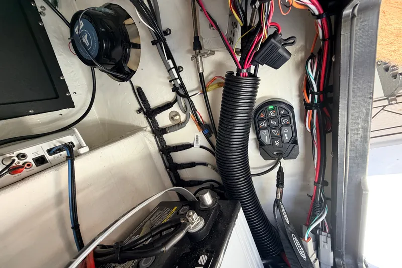 Slide: The Image of Interior wiring and controls of a 2019 Beavertail Skiffs Vengeance 18' boat. - 46