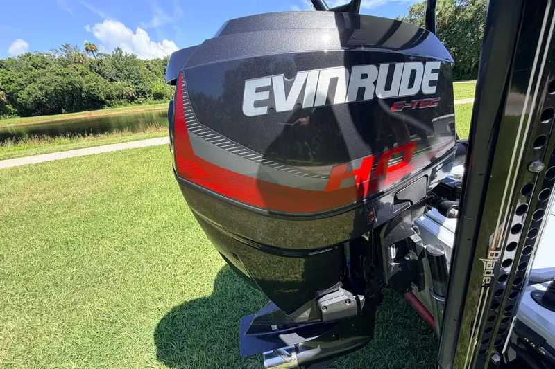 Slide: The Image of Evinrude E-TEC outboard motor on 2019 Beavertail Skiffs Vengeance 18', grassy lakeside setting. - 67