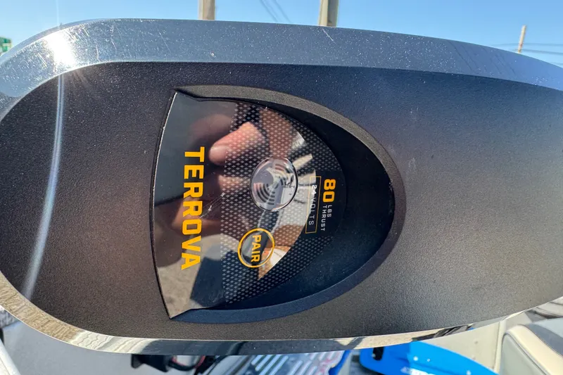 Slide: The Image of Close-up of Terrova motor on 2020 Alumacraft Summit 165 boat, 80 lbs thrust. - 10