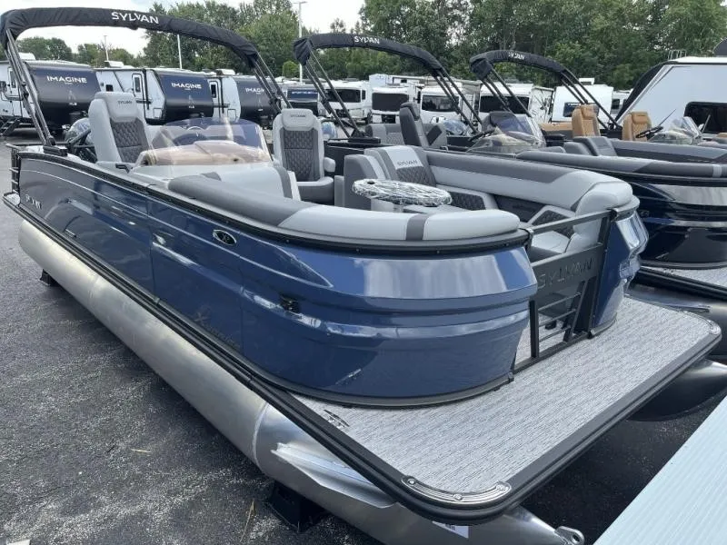 The Image of A modern Sylvan ULZ pontoon boat from 2027 with sleek gray and blue upholstery. - 1