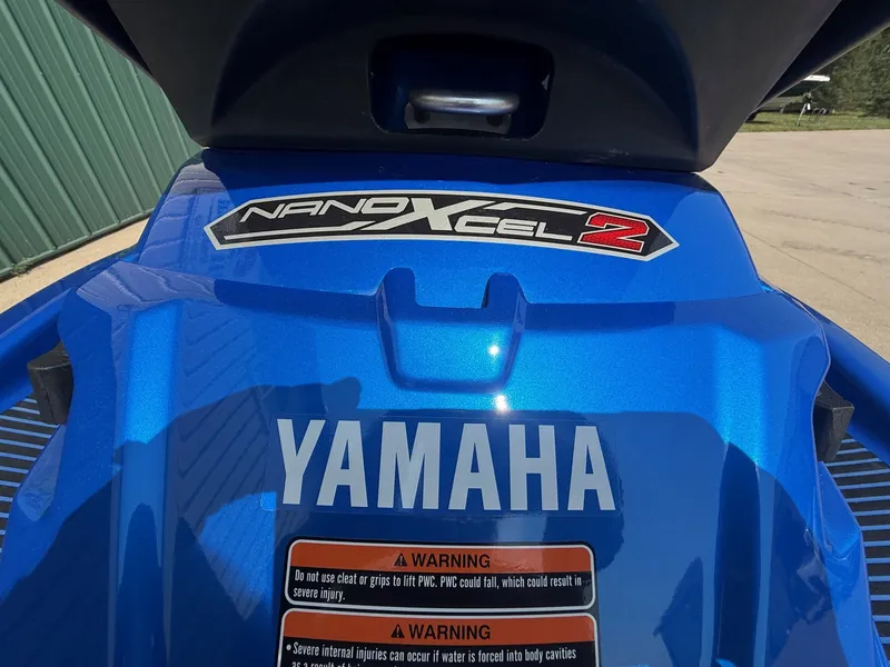Slide: The Image of Close-up of a blue 2016 Yamaha WaveRunner FX Cruiser SVHO with warning labels. - 7