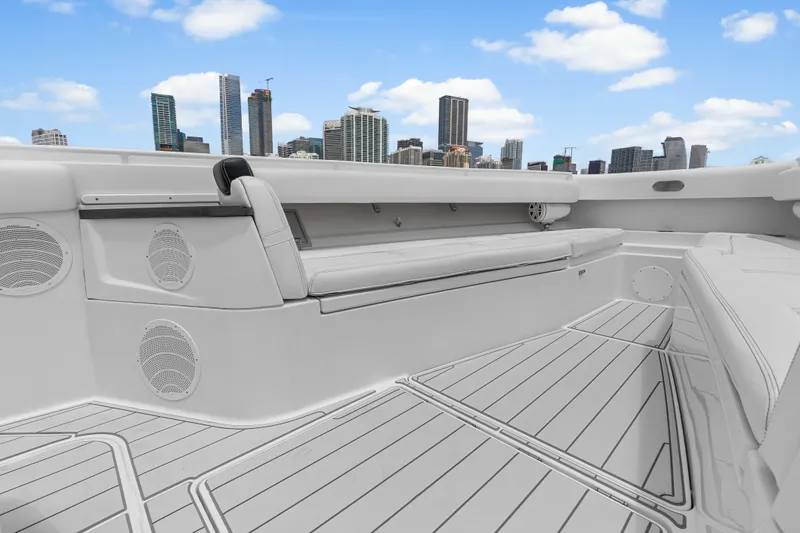 Slide: The Image of 2020 HCB 53 Suenos boat interior with city skyline in background. - 33