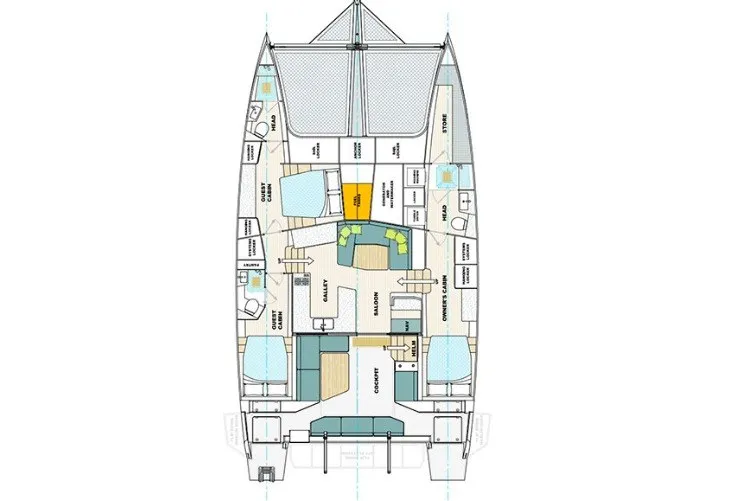Slide: The Image of Floor plan of Vision 444ES 2024 catamaran, showcasing cabins, salon, and cockpit layout. - 13