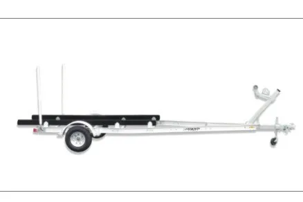 The Image of A silver boat trailer with one wheel and black supports, suitable for smaller boats. - 1