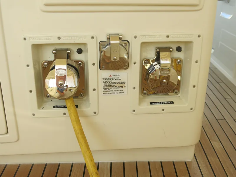 Slide: The Image of Kadey-Krogen 58EB 2017 yacht power connections on teak deck. - 53
