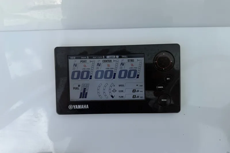 Slide: The Image of Yamaha display panel on 2019 Invincible 36 Open Fisherman boat, showing engine and fuel stats. - 50
