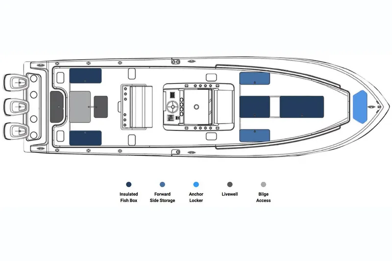 Slide: The Image of Manufacturer Provided Image: Top view layout of 2019 Invincible 36 Open Fisherman boat with labeled storage areas. - 65