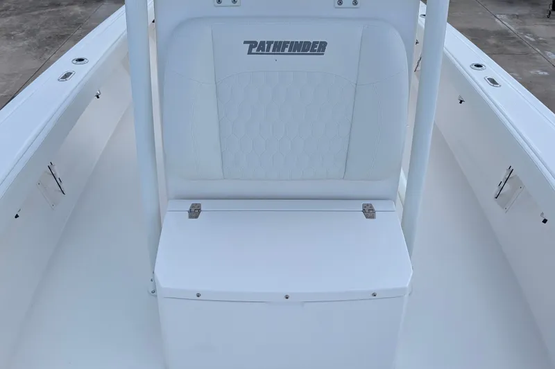 Slide: The Image of The image shows the seating area of a 2027 Pathfinder 2600 Hybrid boat with white upholstery. - 21
