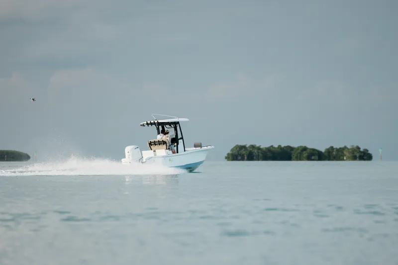 Slide: The Image of 2027 Sea Hunt BX25FS boat speeding on calm water near small islands. - 45