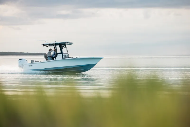 Slide: The Image of 2027 Sea Hunt BX25FS boat cruising on calm waters under a cloudy sky. - 42
