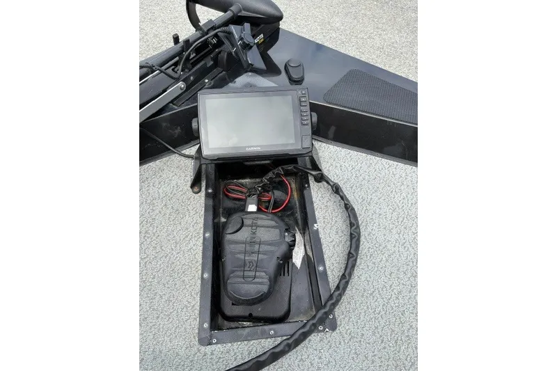 Slide: The Image of 2020 G3 Sportsman 1710 boat with Garmin fishfinder and trolling motor setup. - 7
