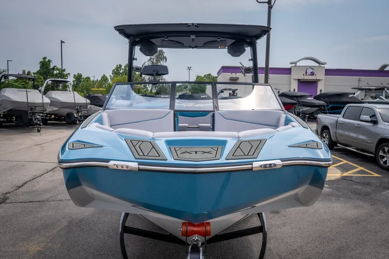 Slide: The Image of 2026 ATX Surf Boats 22 Type-S in a dealership lot, showcasing sleek design and modern features. - 33