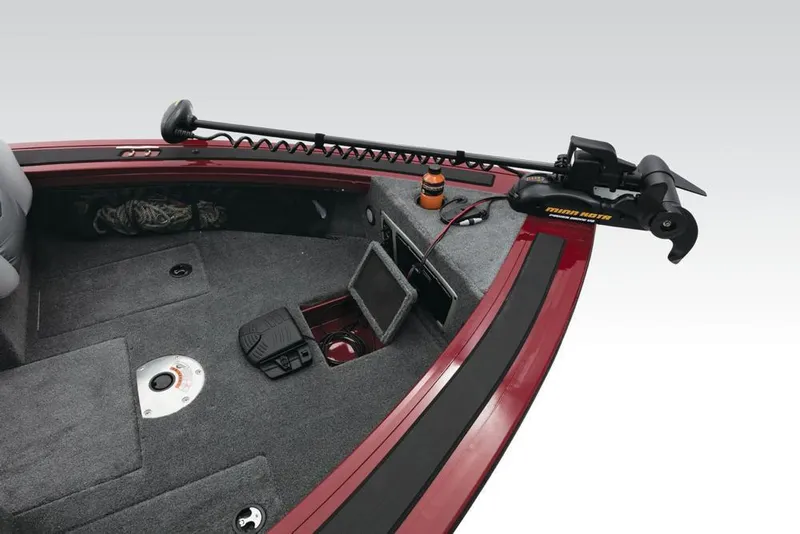 Slide: The Image of The image shows the bow deck of a 2017 Tracker Targa V-18 Combo boat with a mounted trolling motor. - 41
