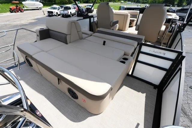 Slide: The Image of 2027 Harris Cruiser 210 SLDH pontoon boat with spacious seating and modern design. - 17
