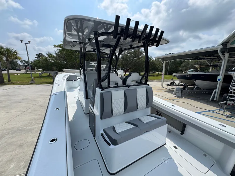 Slide: The Image of 2027 Yellowfin 34 Offshore boat with sleek seating and modern design. - 40
