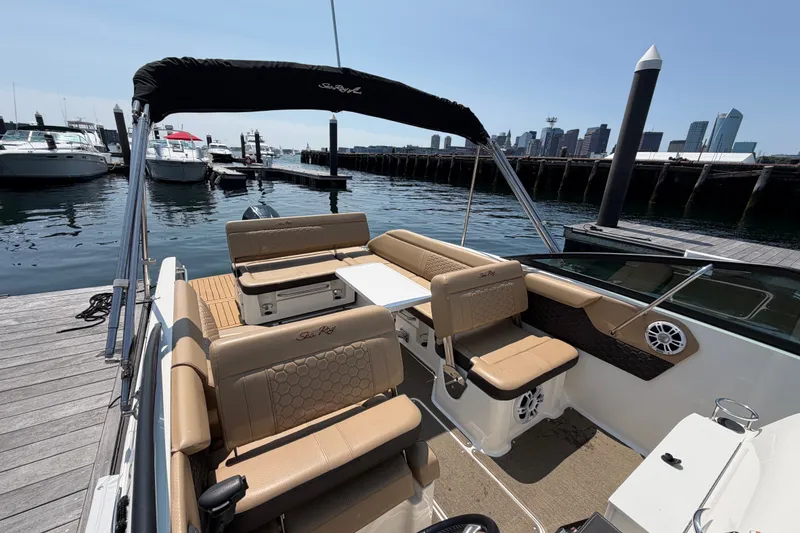 Slide: The Image of 2019 Sea Ray SDX 250 Outboard boat docked, featuring spacious seating and elegant design. - 16