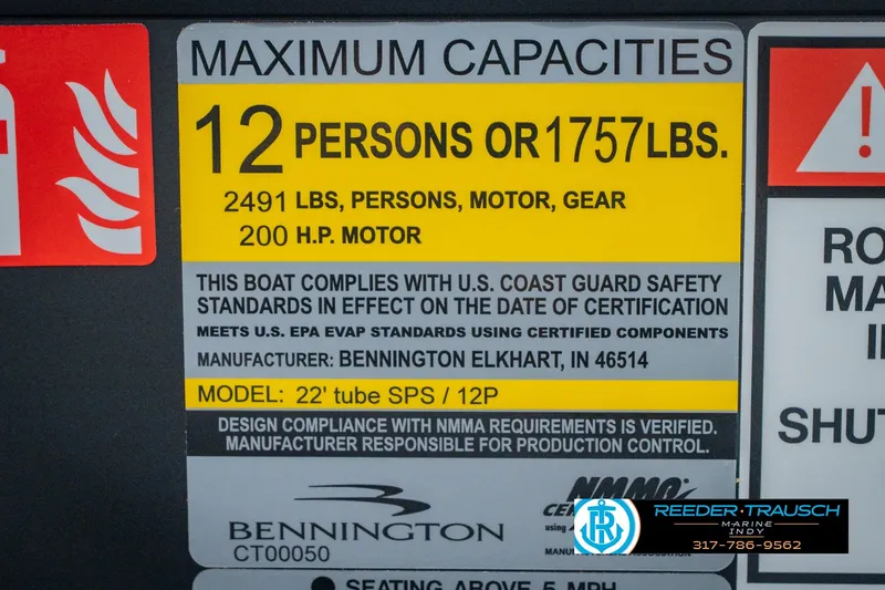 Slide: The Image of Bennington 24 MSB 2026 boat capacity label, 12 persons or 1757 lbs, 200 HP motor. - 61