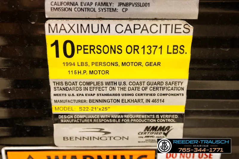 Slide: The Image of 2018 Bennington SX RF capacity label, 10 persons or 1371 lbs, 115 HP motor. - 56