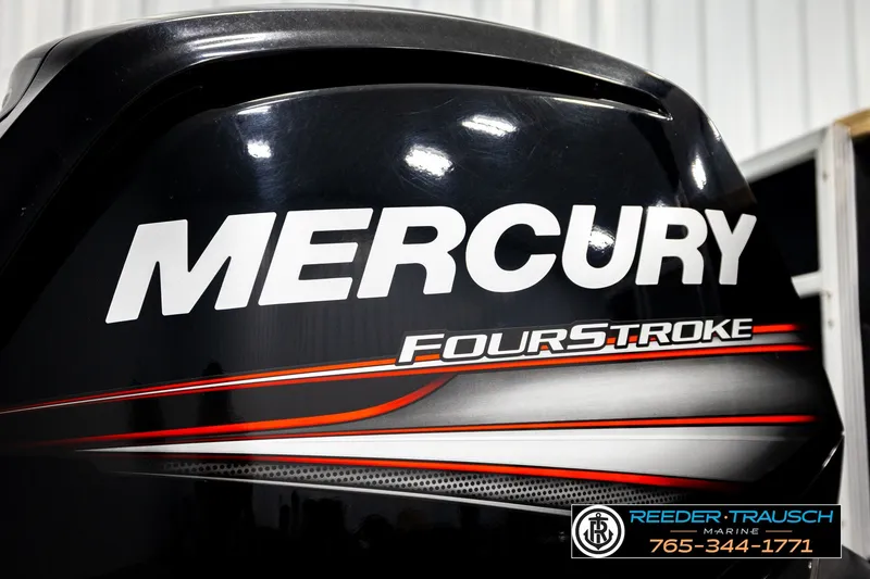 Slide: The Image of Mercury FourStroke engine on a 2018 Bennington SX RF boat, Reeder Trausch Marine branding. - 48