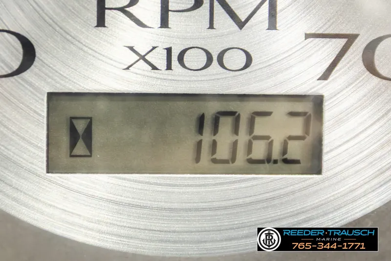 Slide: The Image of Close-up of a Bennington SX RF 2018 RPM gauge displaying 106.2. - 36