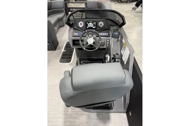 Slide: The Image of Cockpit of 2026 Sylvan L-5 Platinum boat with modern steering and controls. - 7