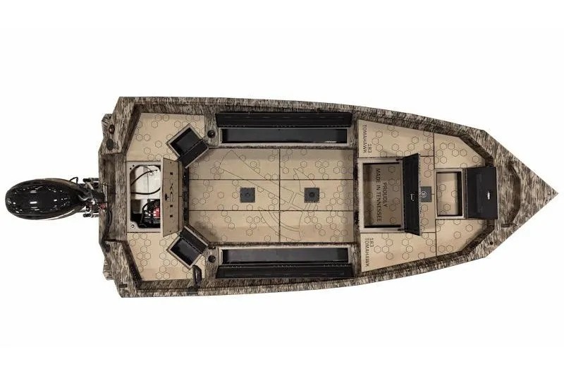 Slide: The Image of Top view of 2027 Excel 183 Tomahawk boat with camo design and motor. - 26