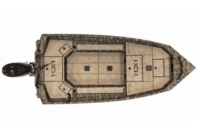 Slide: The Image of Top view of 2027 Excel 183 Tomahawk boat with camouflage design and outboard motor. - 19