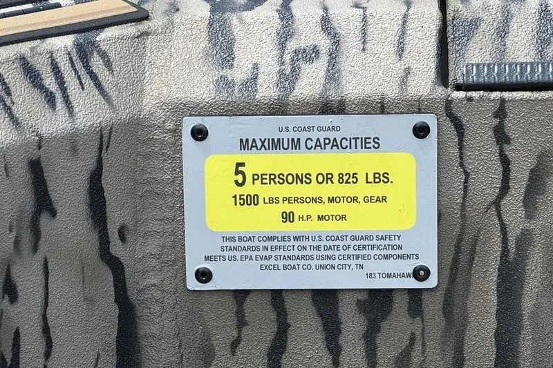 Slide: The Image of Plaque on Excel 183 Tomahawk boat showing maximum capacity and safety standards. - 27