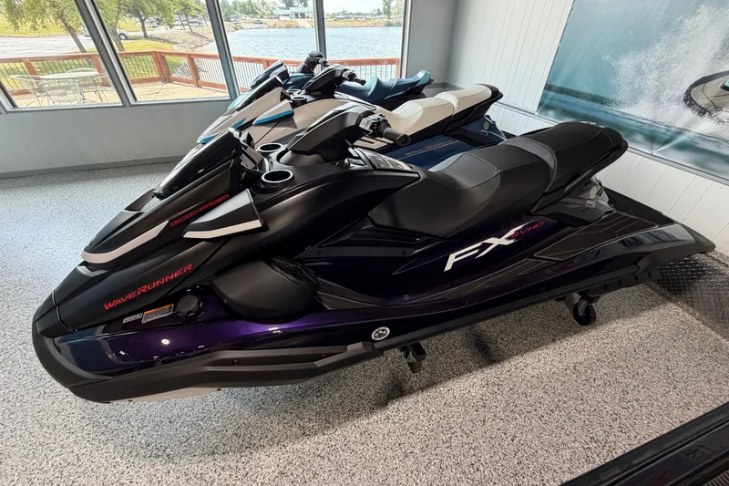 The Image of 2026 Yamaha WaveRunner FX SVHO jet ski displayed indoors, showcasing sleek design and advanced features. - 1