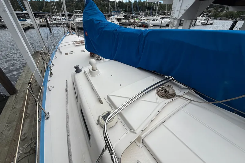 Slide: The Image of Sailboat docked at marina, Spencer 53 model, 1974, with blue cover and white deck. - 62