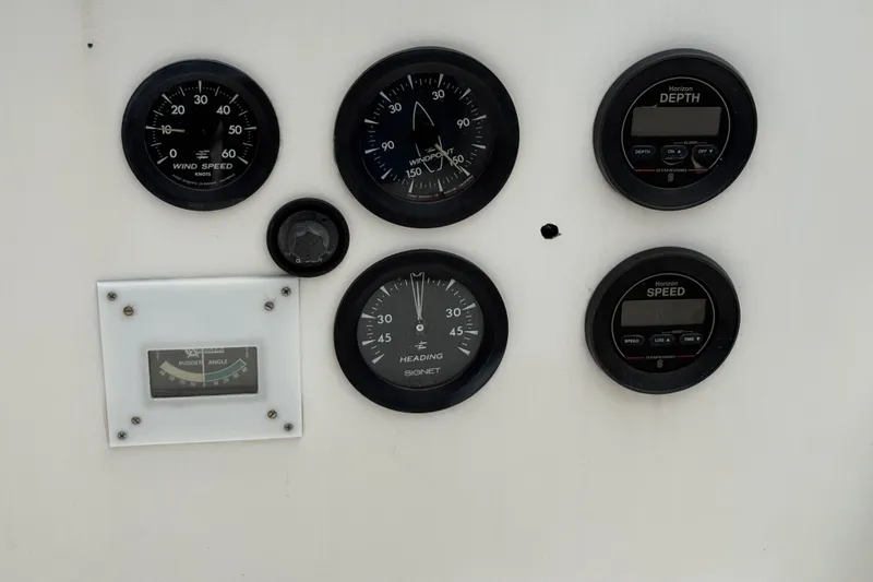 Slide: The Image of Instrument panel of a 1974 Spencer 53 yacht, displaying wind speed, depth, and heading gauges. - 55