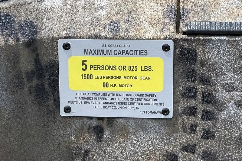 Slide: The Image of U.S. Coast Guard capacity label on Excel 183 Tomahawk boat, 2027 model, detailing weight and passenger limits. - 28