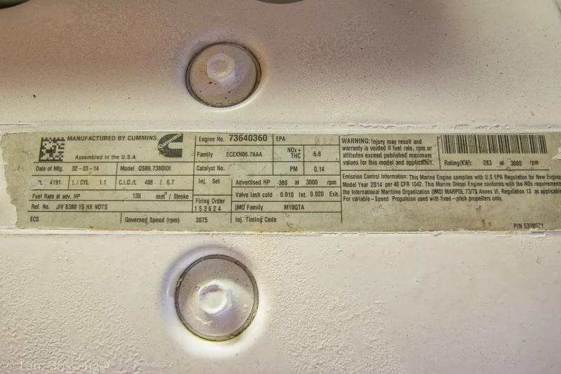 Slide: The Image of Engine label on a 1987 Hatteras 52 Convertible, manufactured by Cummins. - 70