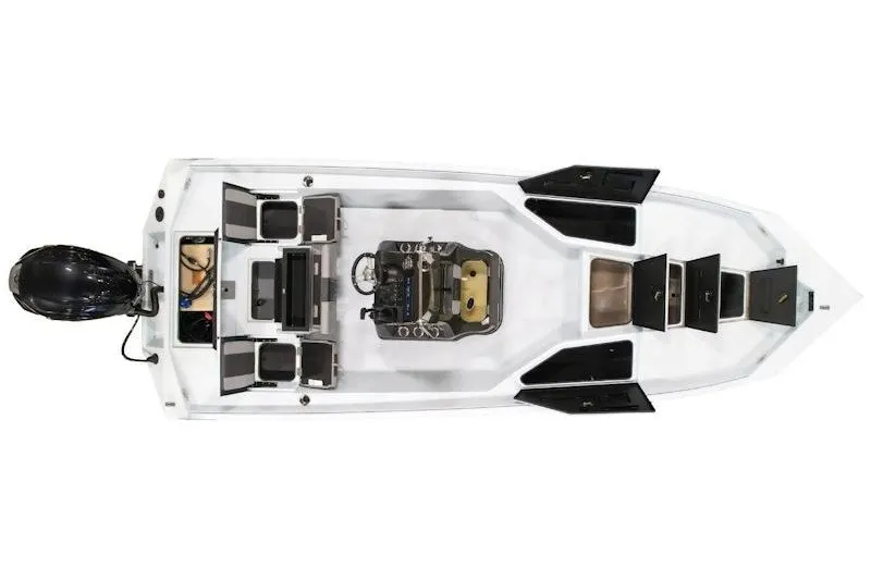 Slide: The Image of Top view of 2027 Excel 220 Bay Pro Elite boat with seating and storage compartments. - 14