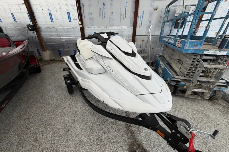 Slide: The Image of 2026 Yamaha WaveRunner FX Cruiser SVHO in a garage, displayed on a trailer. - 2