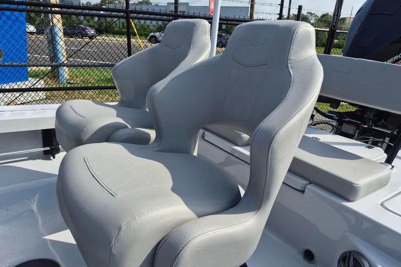 Slide: The Image of 2027 Blazer 675 Ultimate Bay boat seats, featuring sleek gray upholstery and ergonomic design. - 14