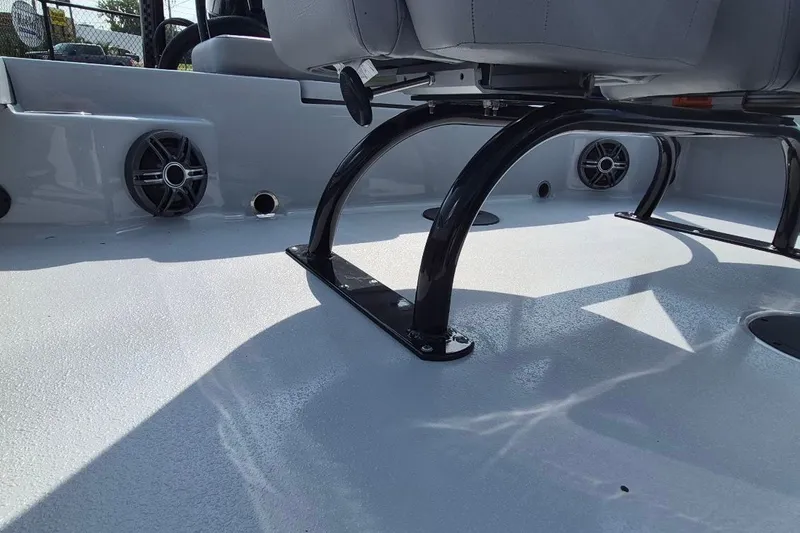 Slide: The Image of Interior view of 2027 Blazer 675 Ultimate Bay boat with seating and speakers. - 18
