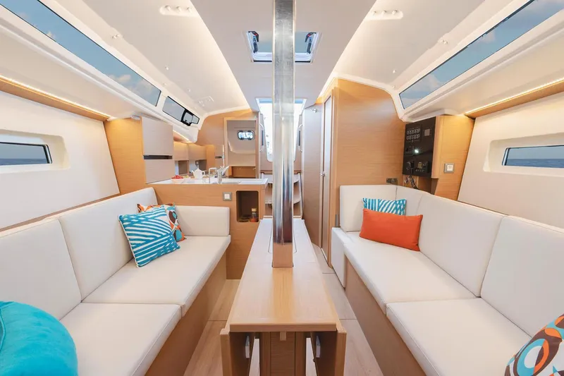 Slide: The Image of Manufacturer Provided Image: Modern interior of 2026 Jeanneau Sun Odyssey 350 yacht with stylish seating and vibrant cushions. - 9