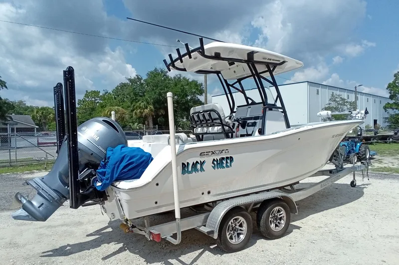 Slide: The Image of 2022 Sea Fox 228 Commander boat on trailer, featuring Yamaha outboard motor. - 42
