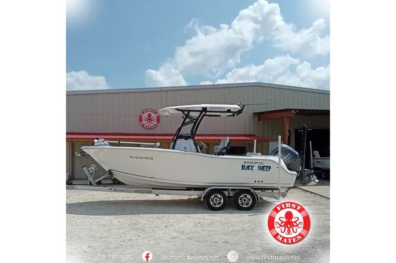 The Image of 2022 Sea Fox 228 Commander boat on trailer outside First Mates building. - 1